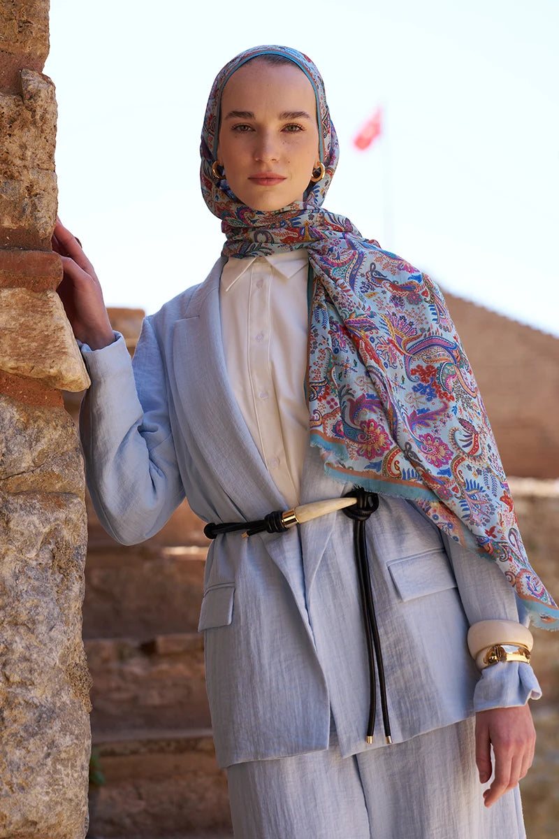 Yün İpek Bouqet Şal - Mavi