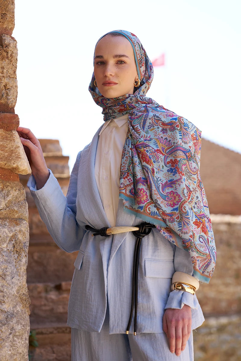 Yün İpek Bouqet Şal - Mavi