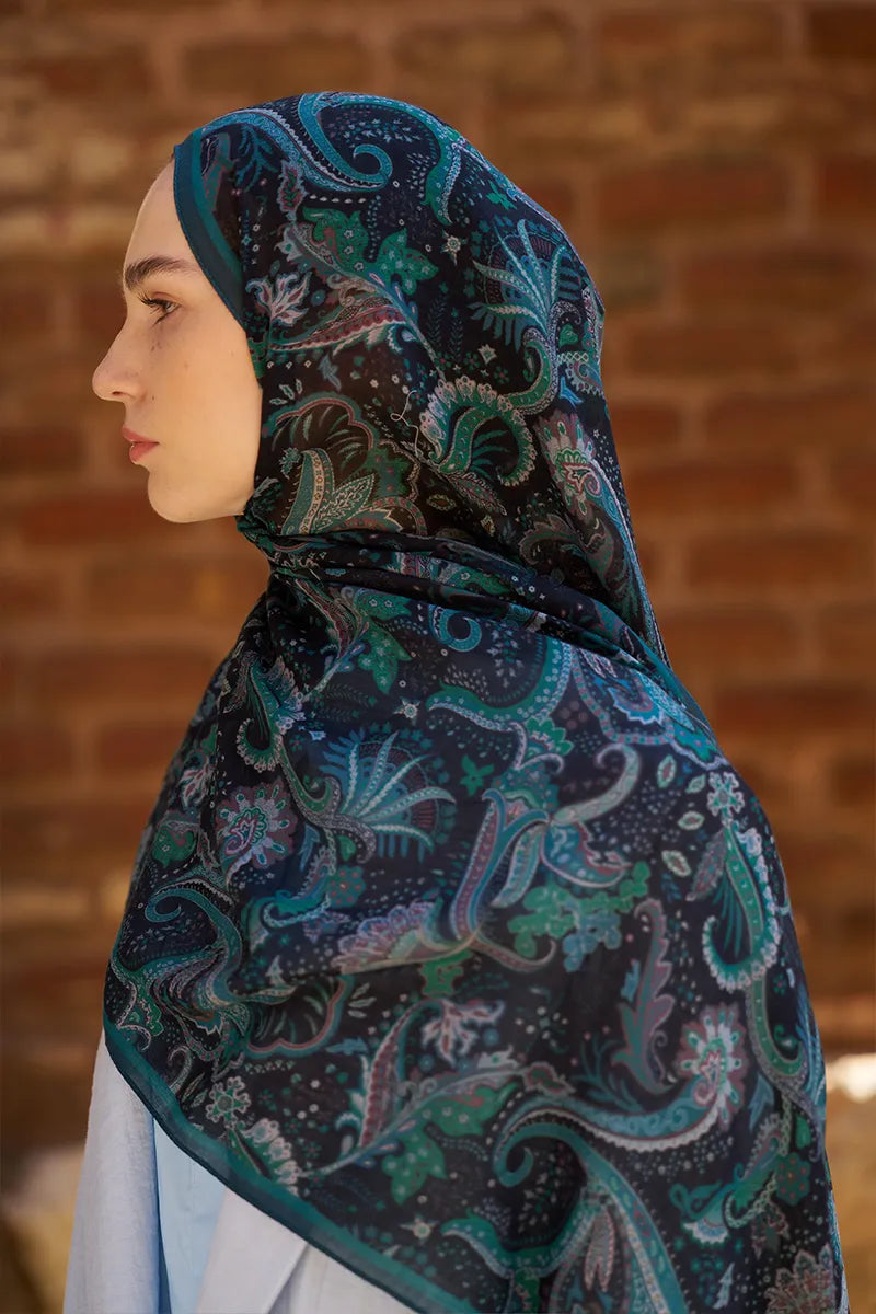 Wool Silk Bouquet Shawl - Petrol