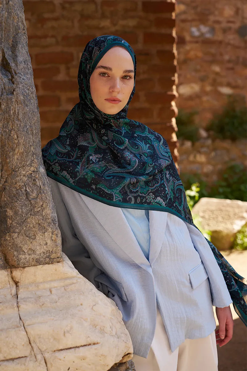 Wool Silk Bouquet Shawl - Petrol
