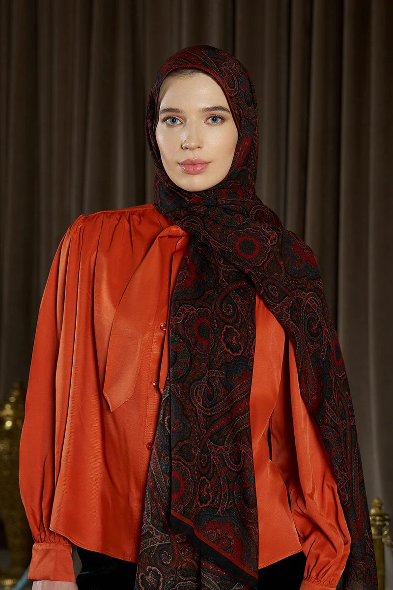 Yün İpek Ethnara Şal - Bordo