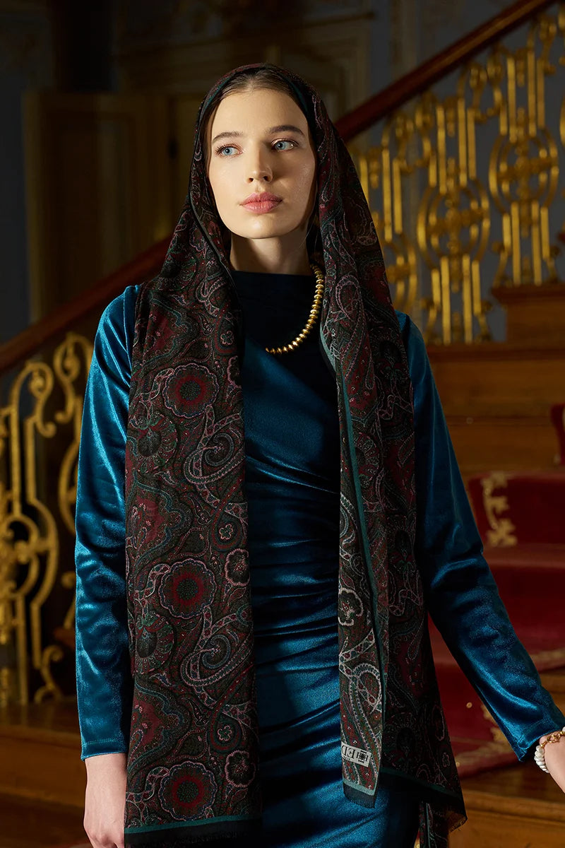 Yün İpek Ethnara Şal - Petrol