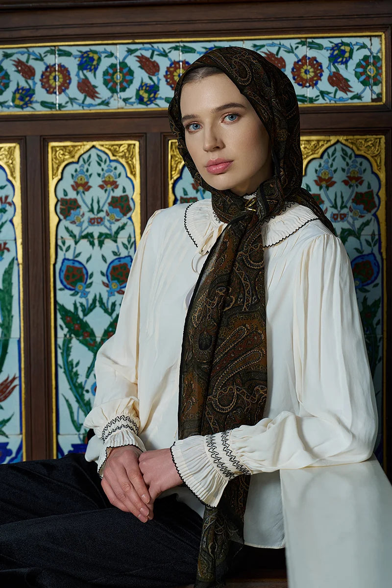 Yün İpek Ethnara Şal - Yağ Yeşili