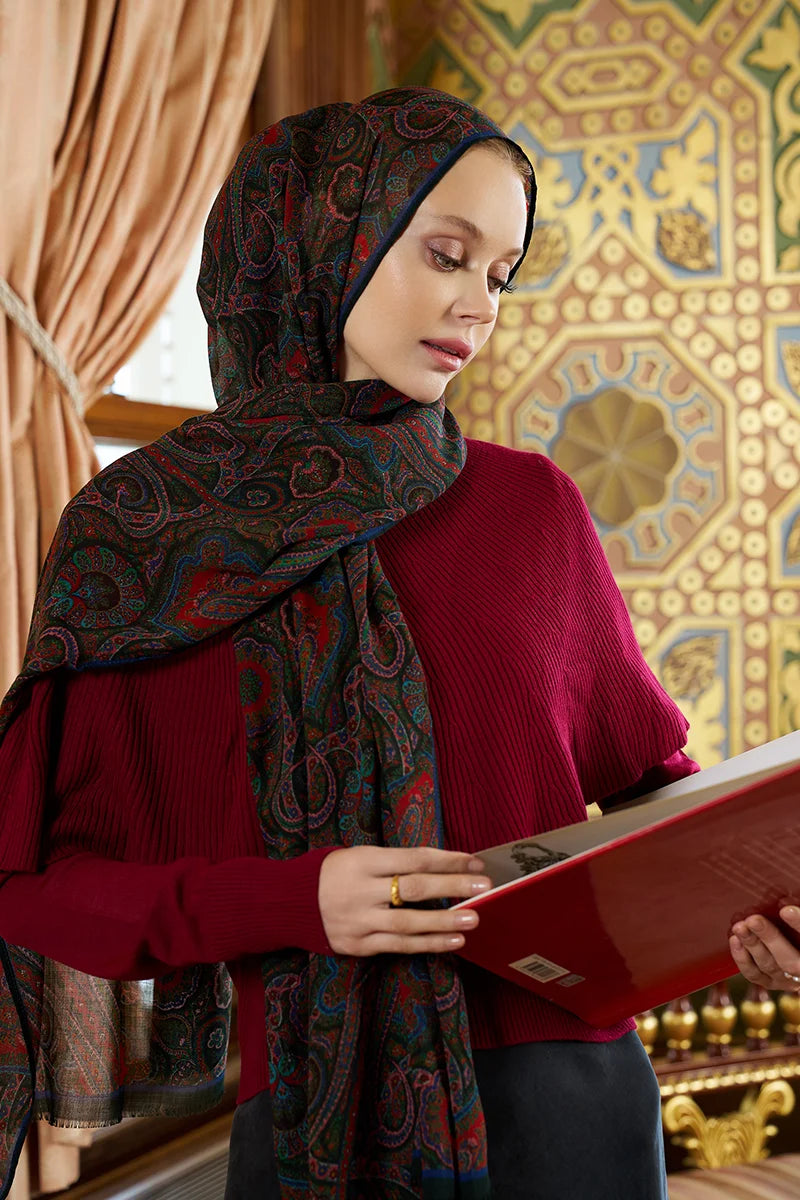 Yün İpek Ethnara Şal - Yeşil