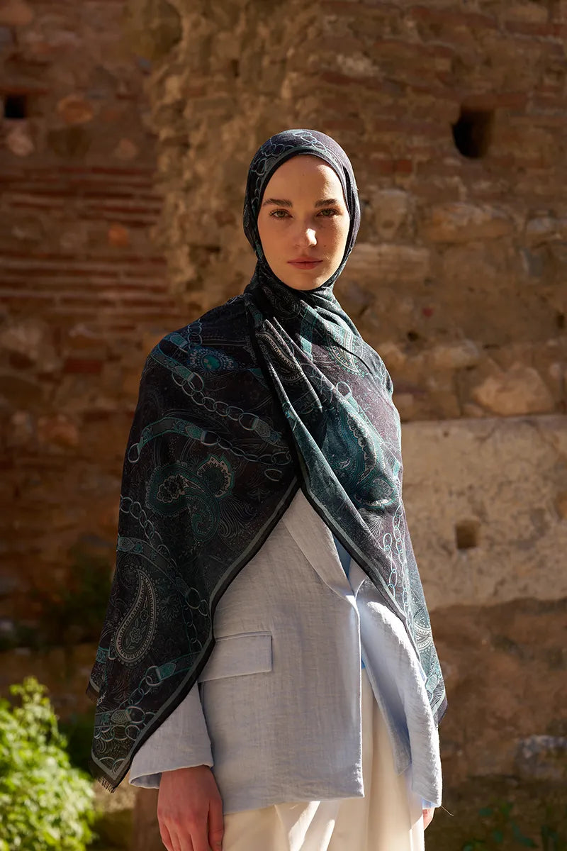 Yün İpek Landy Şal - Lacivert