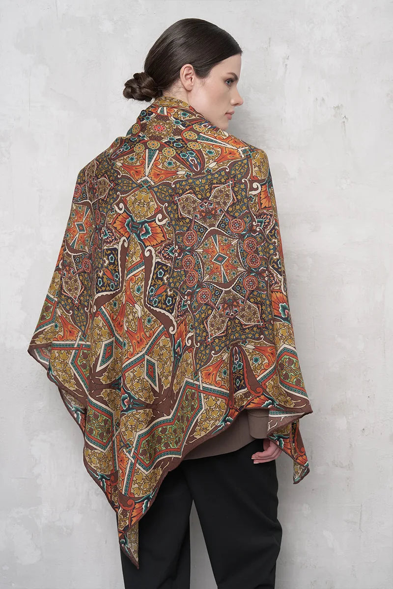 Yün İpek Omuz Şal Etnik Desen - Kahverengi