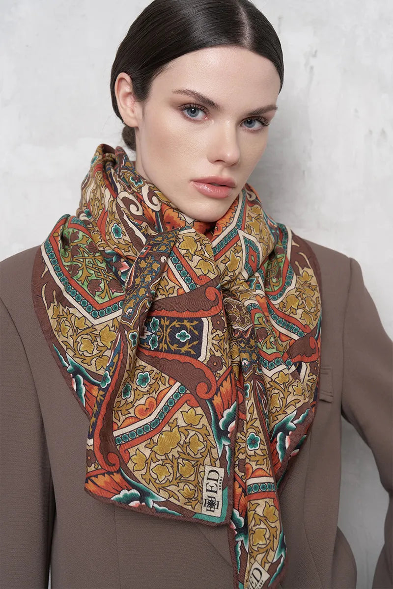 Yün İpek Omuz Şal Etnik Desen - Kahverengi