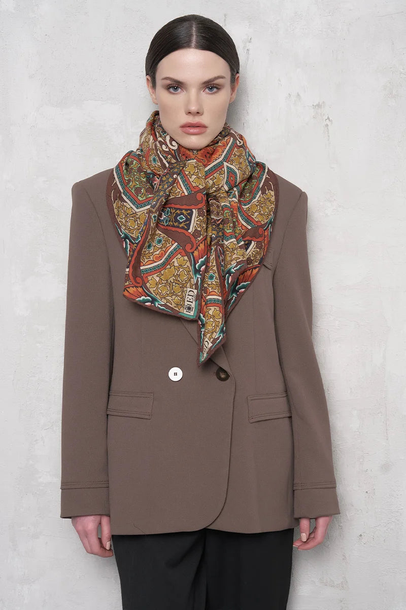 Yün İpek Omuz Şal Etnik Desen - Kahverengi