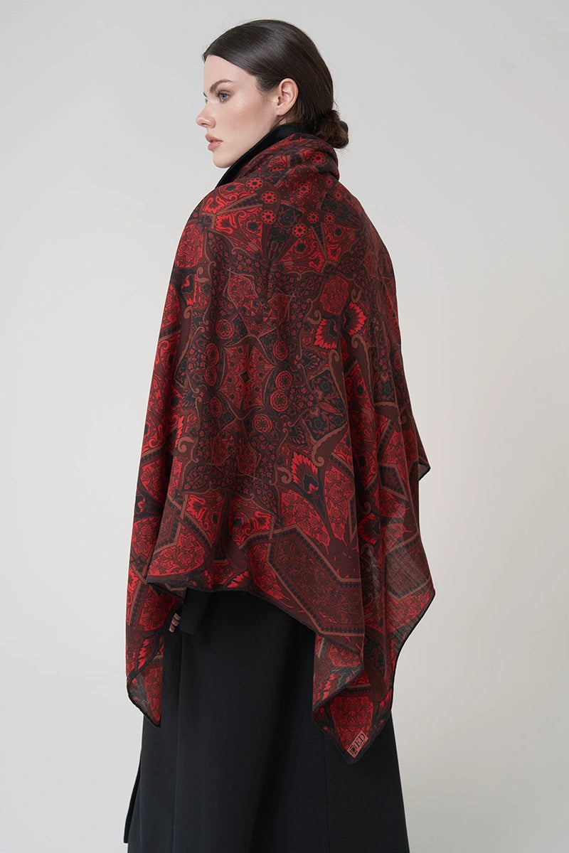 Yün İpek Omuz Şal Etnik Desen - Kırmızı