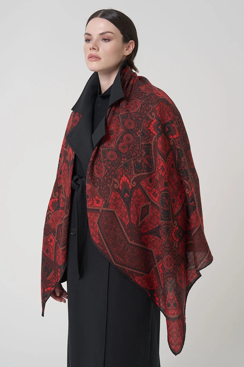 Yün İpek Omuz Şal Etnik Desen - Kırmızı