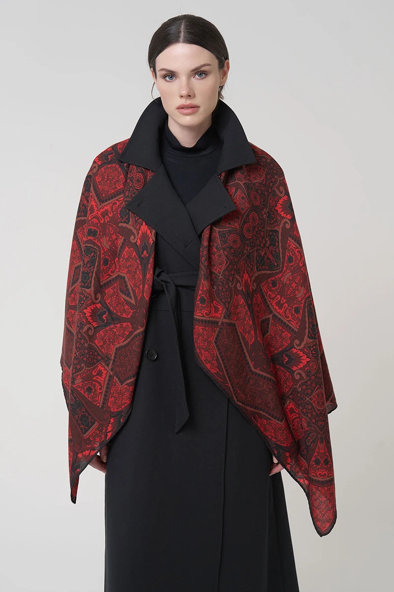 Yün İpek Omuz Şal Etnik Desen - Kırmızı