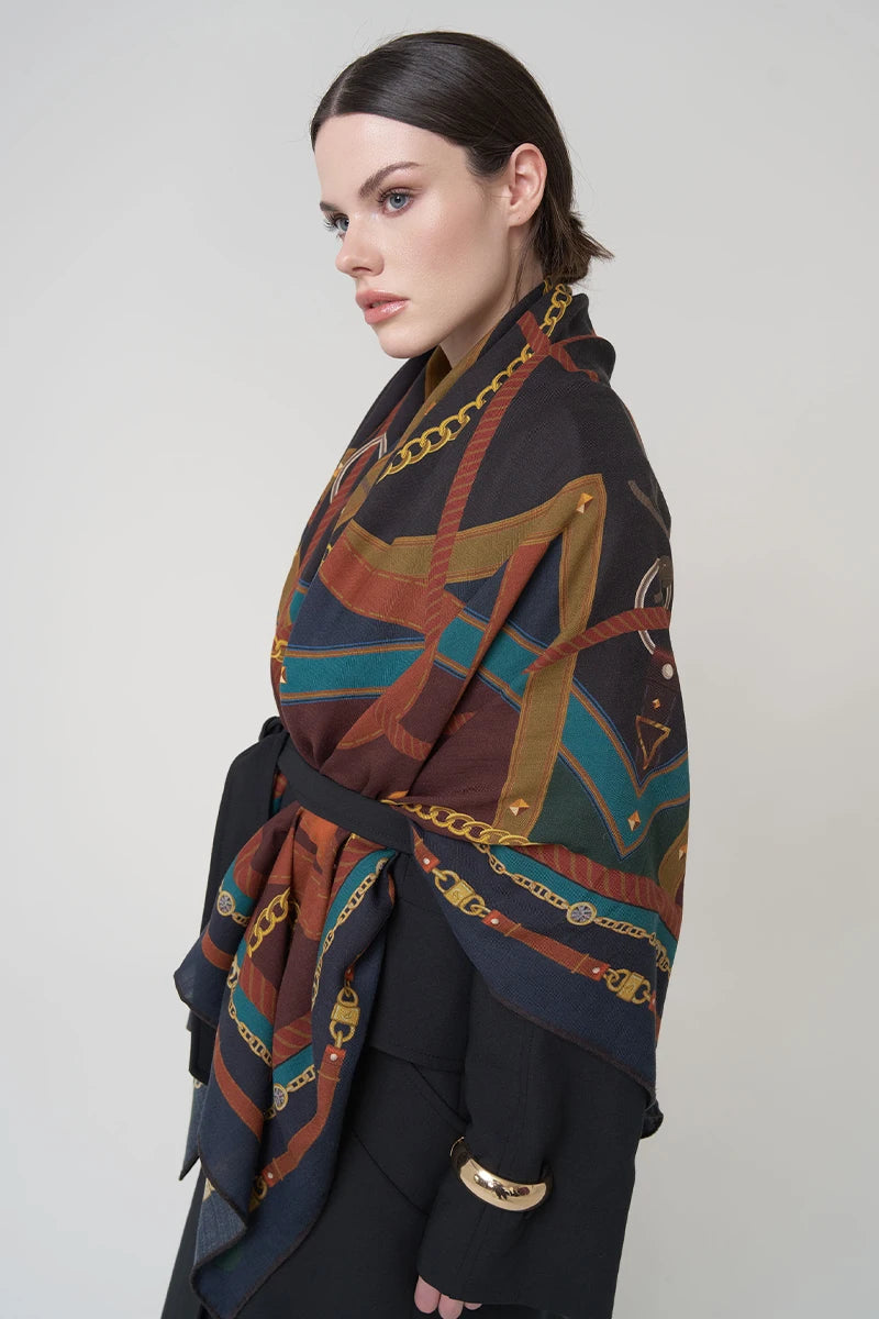 Yün İpek Omuz Şal Geometrik Desen - Renkli