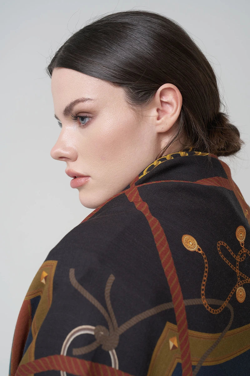 Yün İpek Omuz Şal Geometrik Desen - Renkli