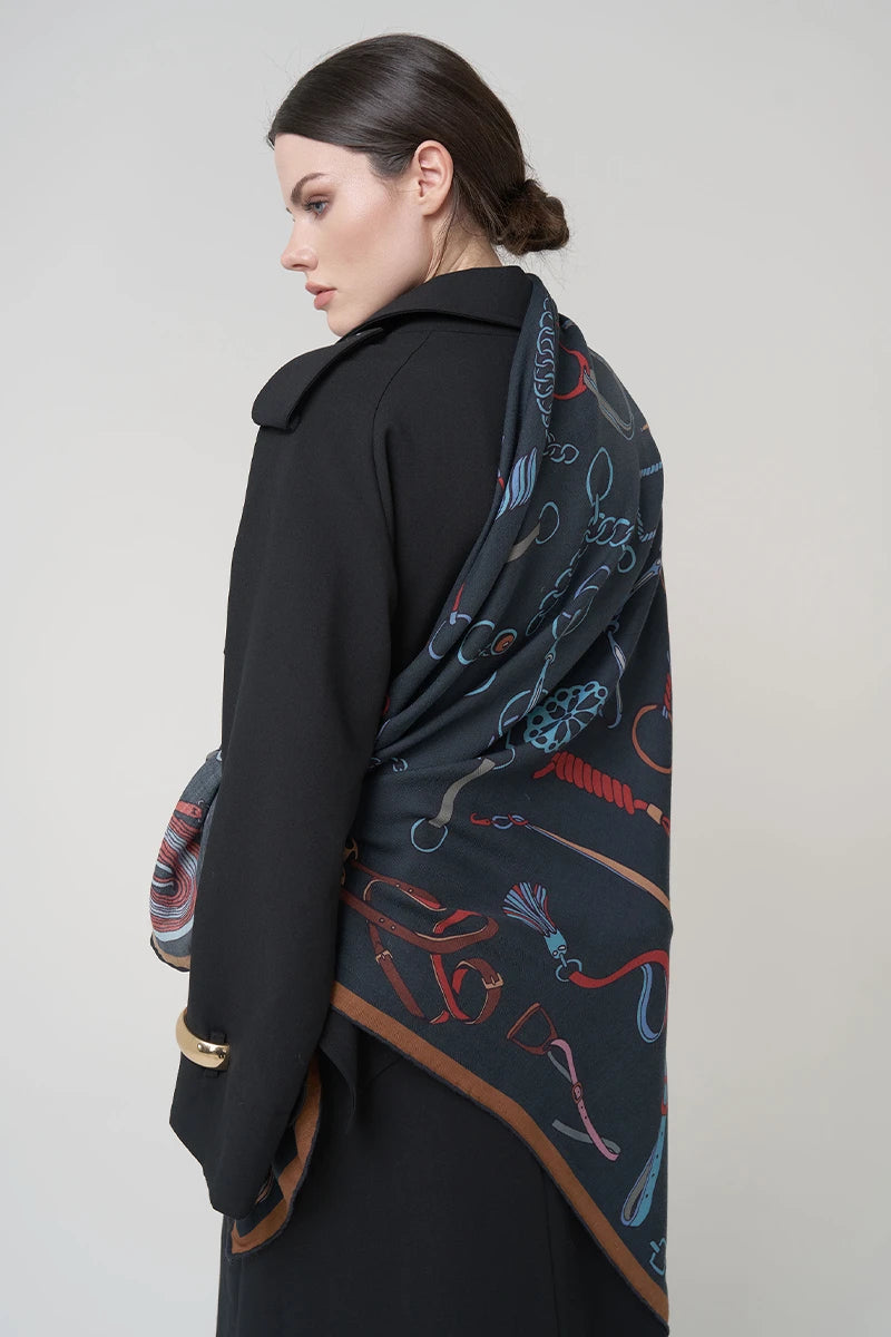 Yün İpek Omuz Şal Obje Desen - Lacivert