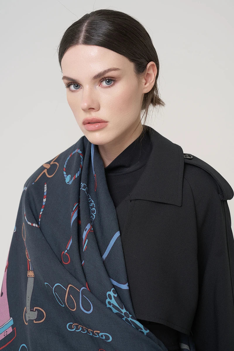 Yün İpek Omuz Şal Obje Desen - Lacivert