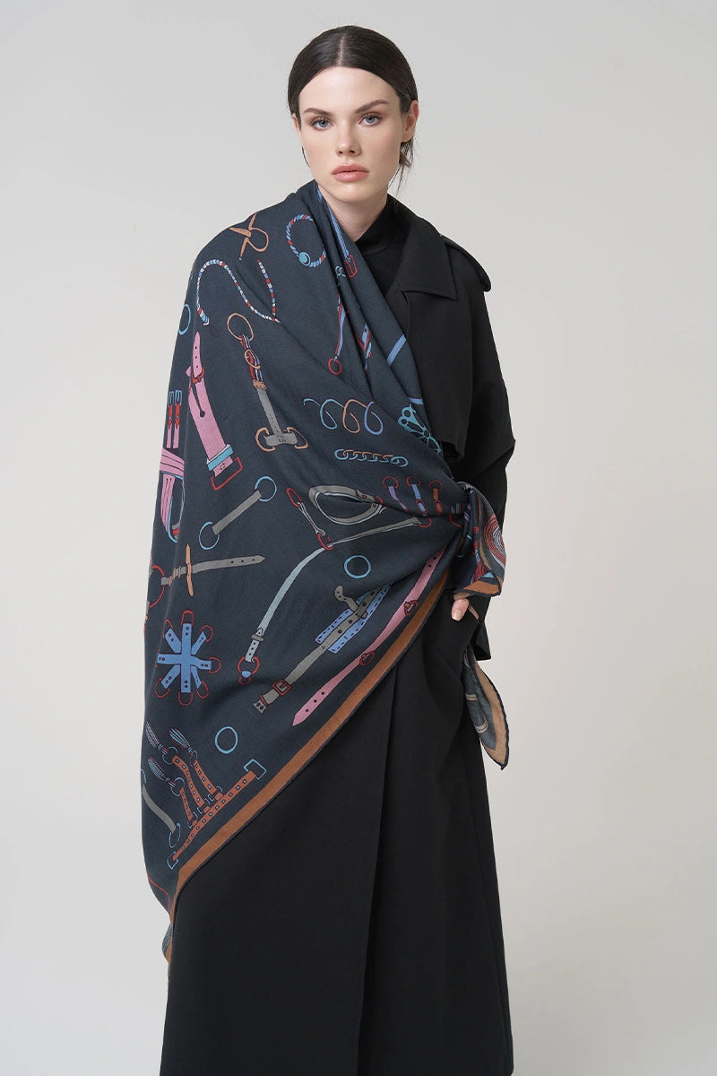 Yün İpek Omuz Şal Obje Desen - Lacivert