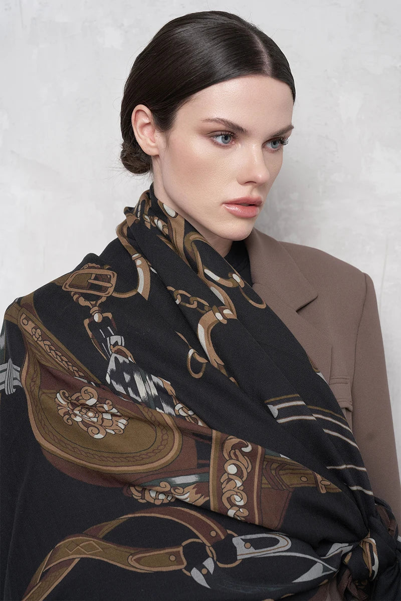 Yün İpek Omuz Şal Zincir Desen - Lacivert