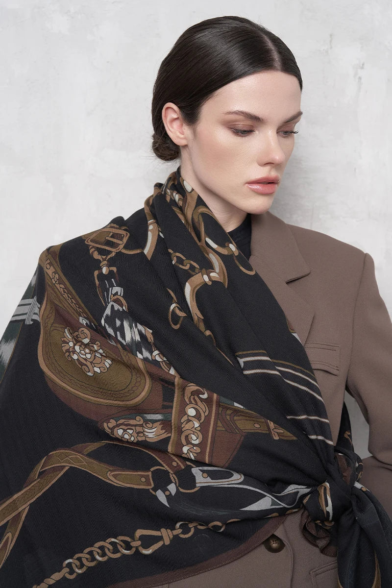 Yün İpek Omuz Şal Zincir Desen - Lacivert