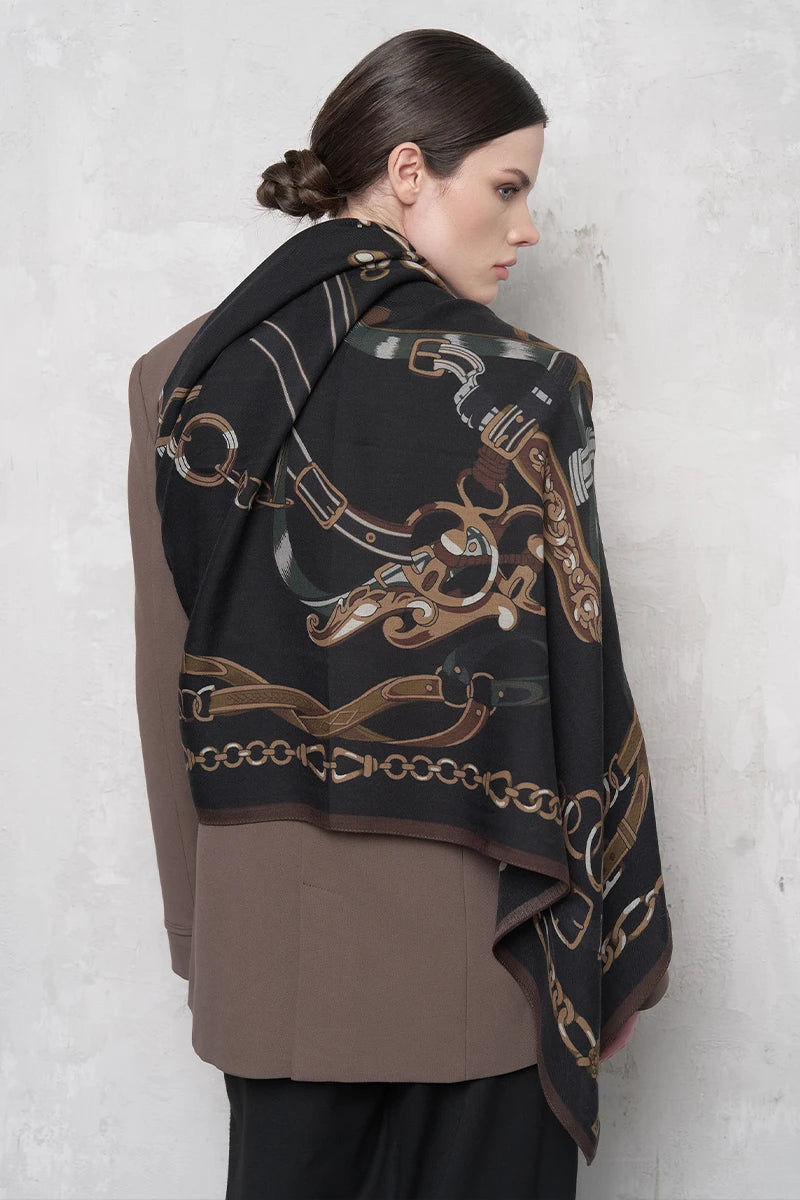 Yün İpek Omuz Şal Zincir Desen - Lacivert