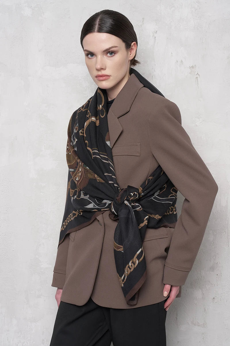 Yün İpek Omuz Şal Zincir Desen - Lacivert