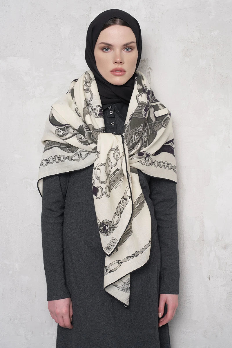 Yün İpek Omuz Şal Zincir Desen - Siyah