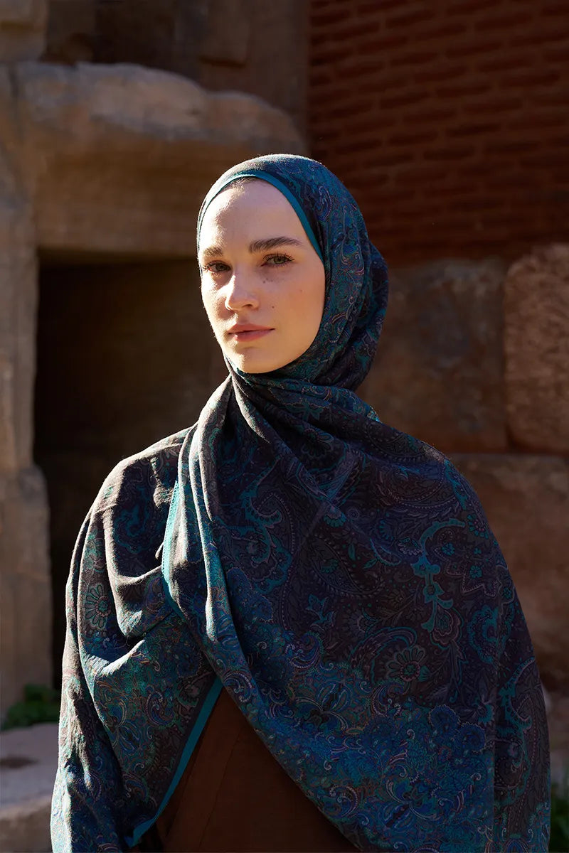 Yün İpek Roselya Şal - Petrol