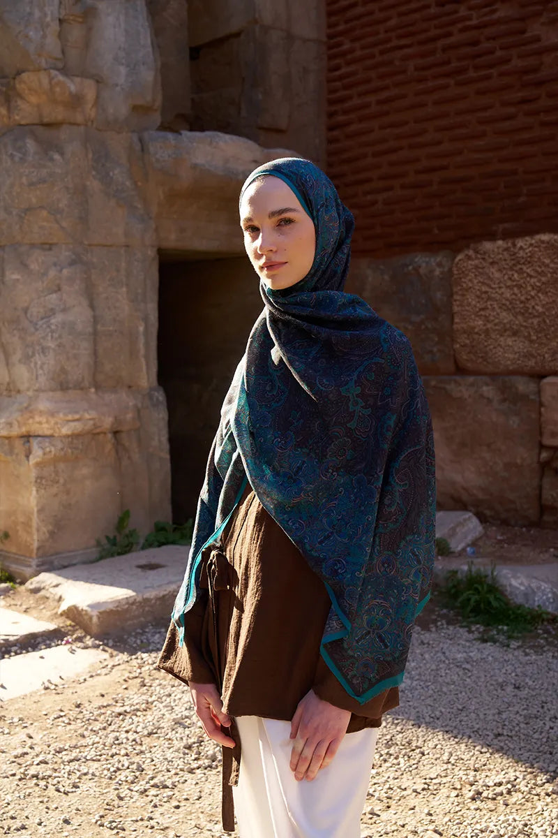 Yün İpek Roselya Şal - Petrol