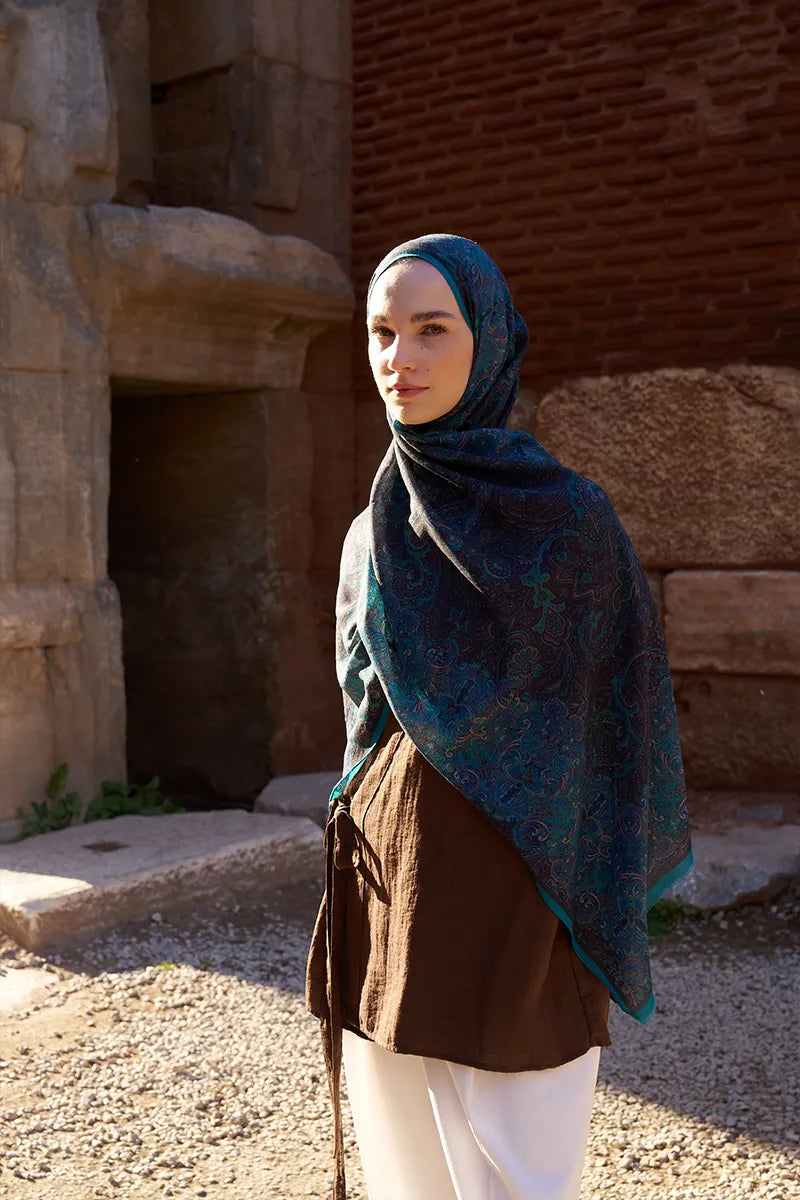 Yün İpek Roselya Şal - Petrol