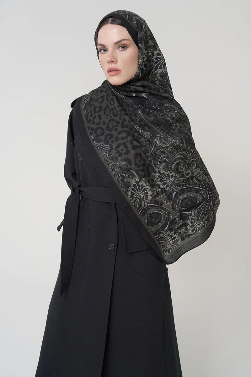 Yün İpek Şal Feline Leopar Desen - Siyah