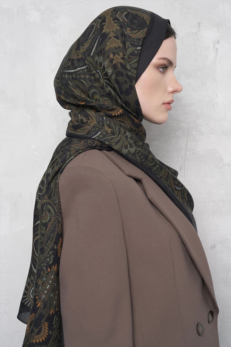 Yün İpek Şal Feline Leopar Desen - Yeşil