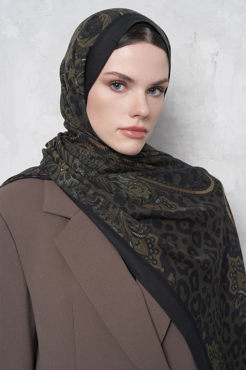 Yün İpek Şal Feline Leopar Desen - Yeşil