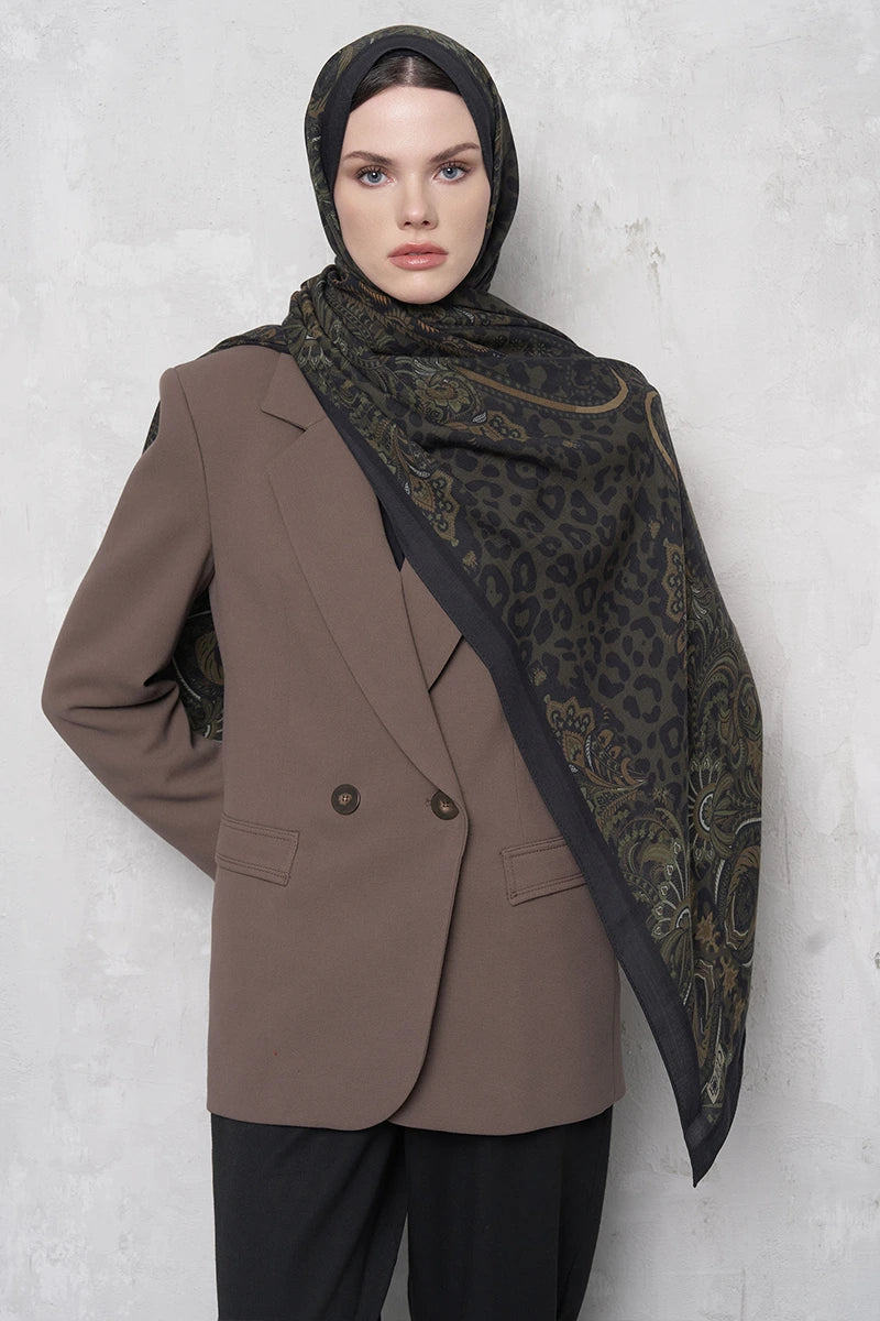 Yün İpek Şal Feline Leopar Desen - Yeşil