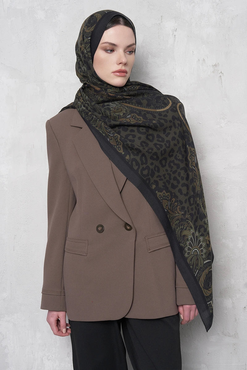 Yün İpek Şal Feline Leopar Desen - Yeşil