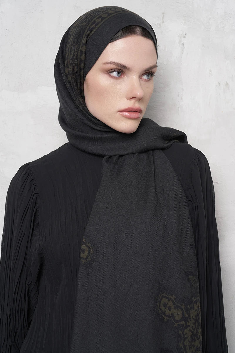 Yün İpek Şal Veilis Desen - Antrasit