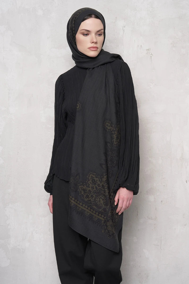 Yün İpek Şal Veilis Desen - Antrasit