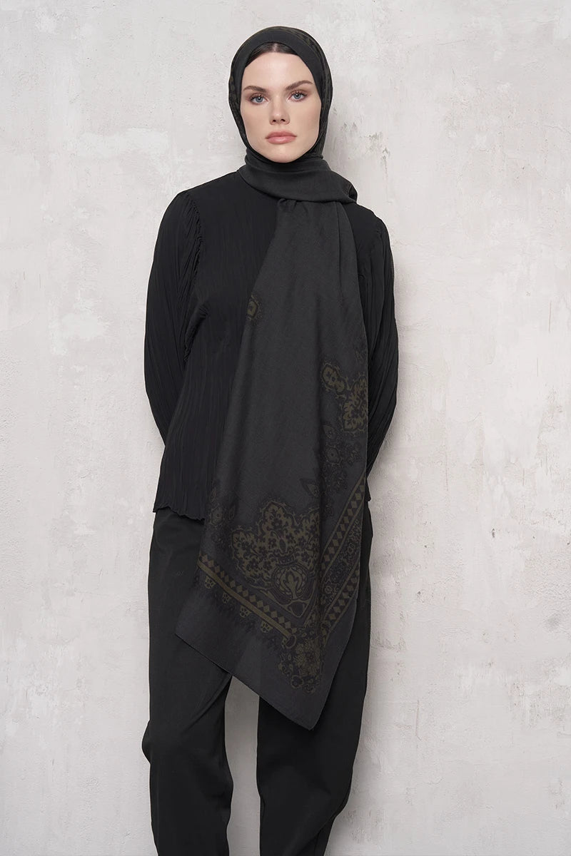 Yün İpek Şal Veilis Desen - Antrasit