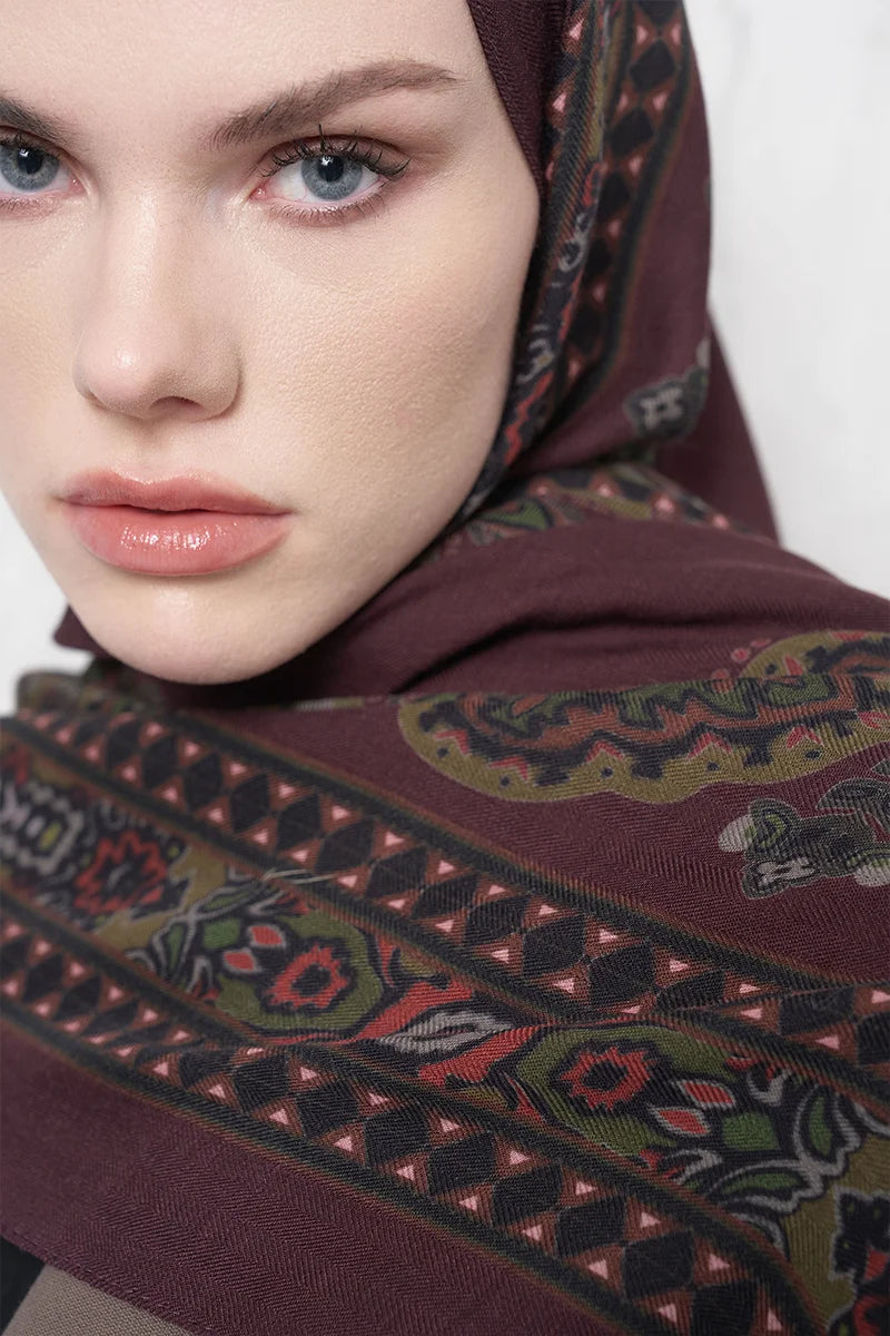 Yün İpek Şal Veilis Desen - Bordo