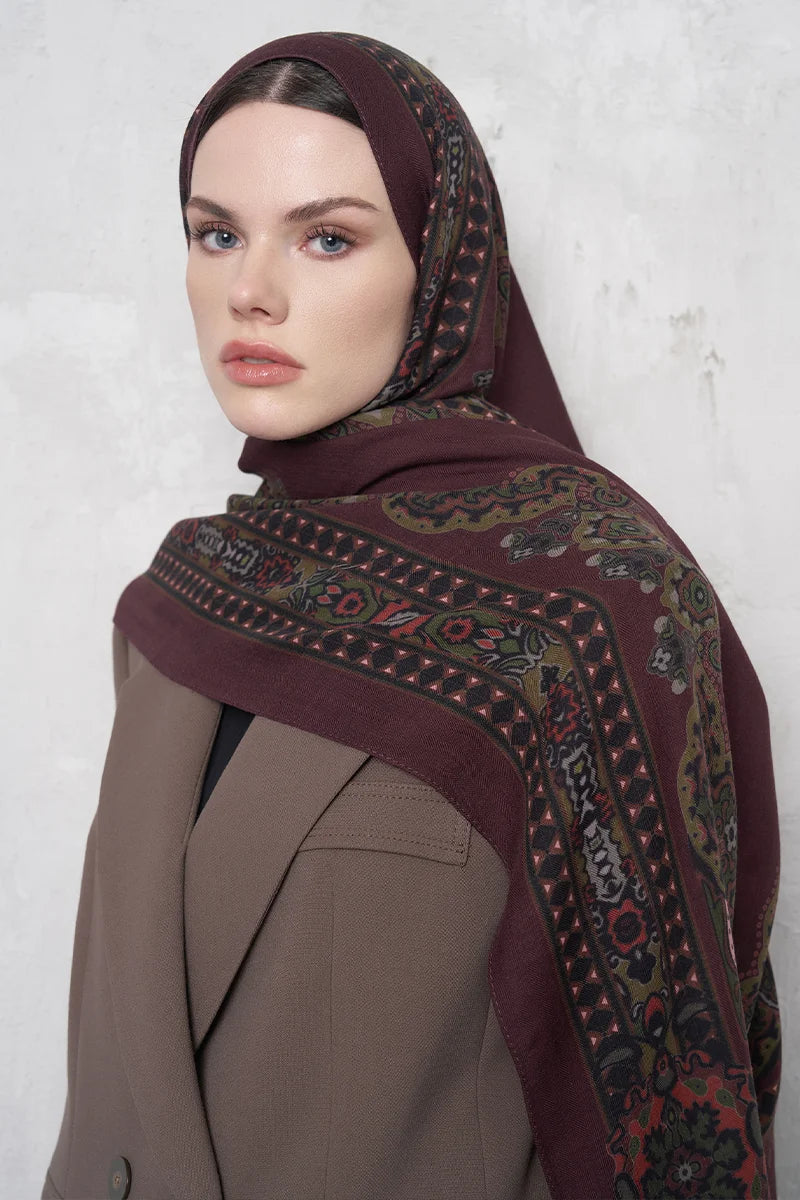 Yün İpek Şal Veilis Desen - Bordo