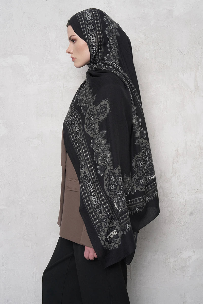 Yün İpek Şal Veilis Desen - Siyah