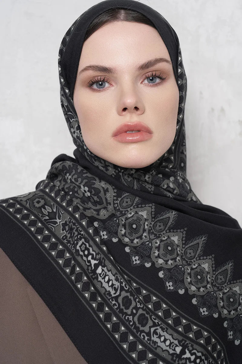 Yün İpek Şal Veilis Desen - Siyah