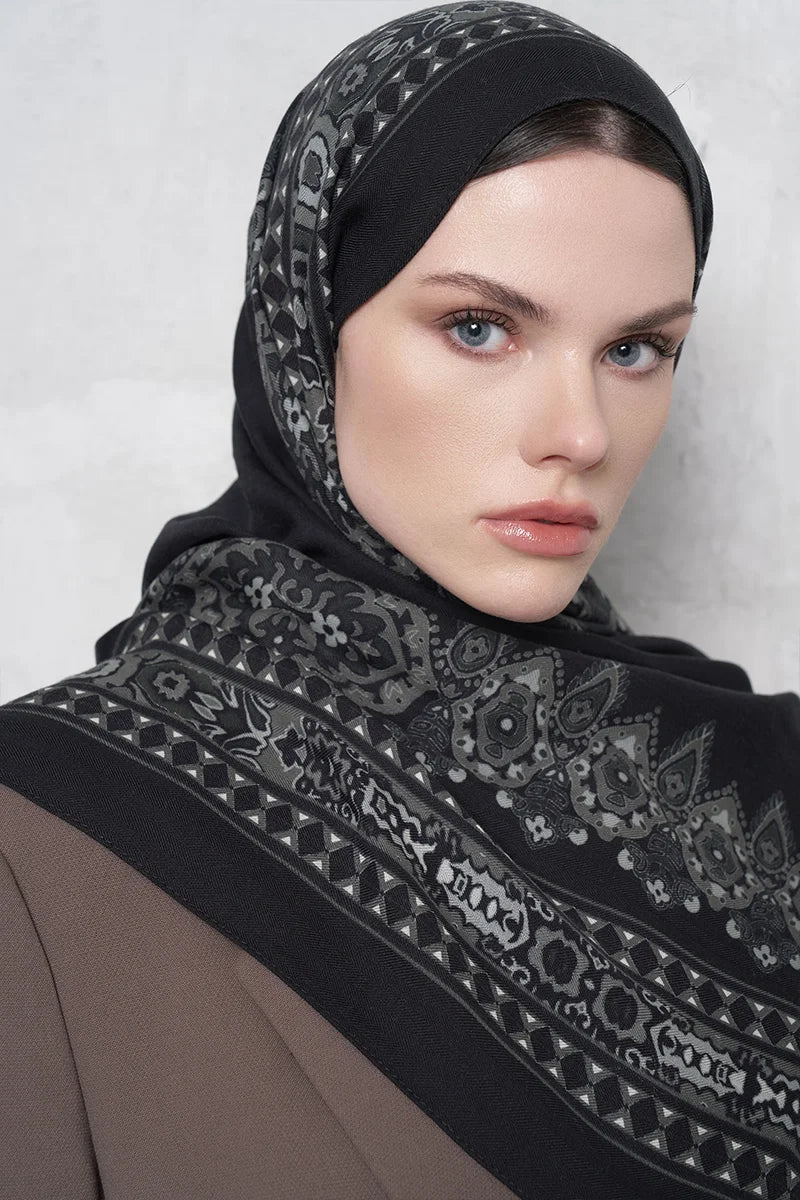 Yün İpek Şal Veilis Desen - Siyah