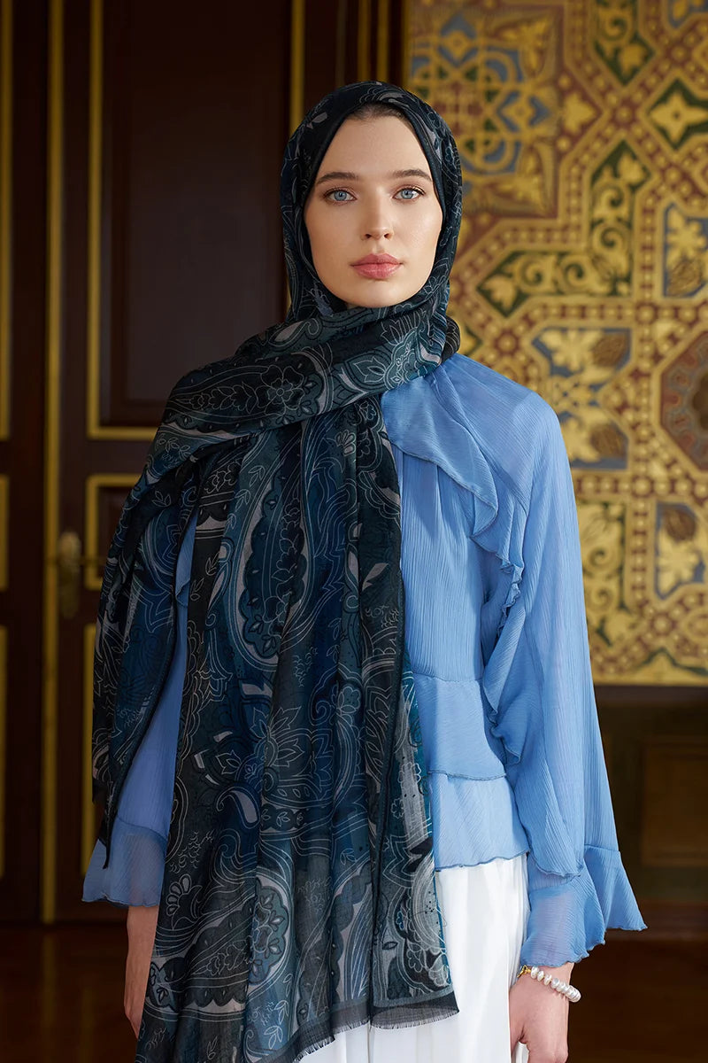 Yün İpek Saphire Şal - Lacivert