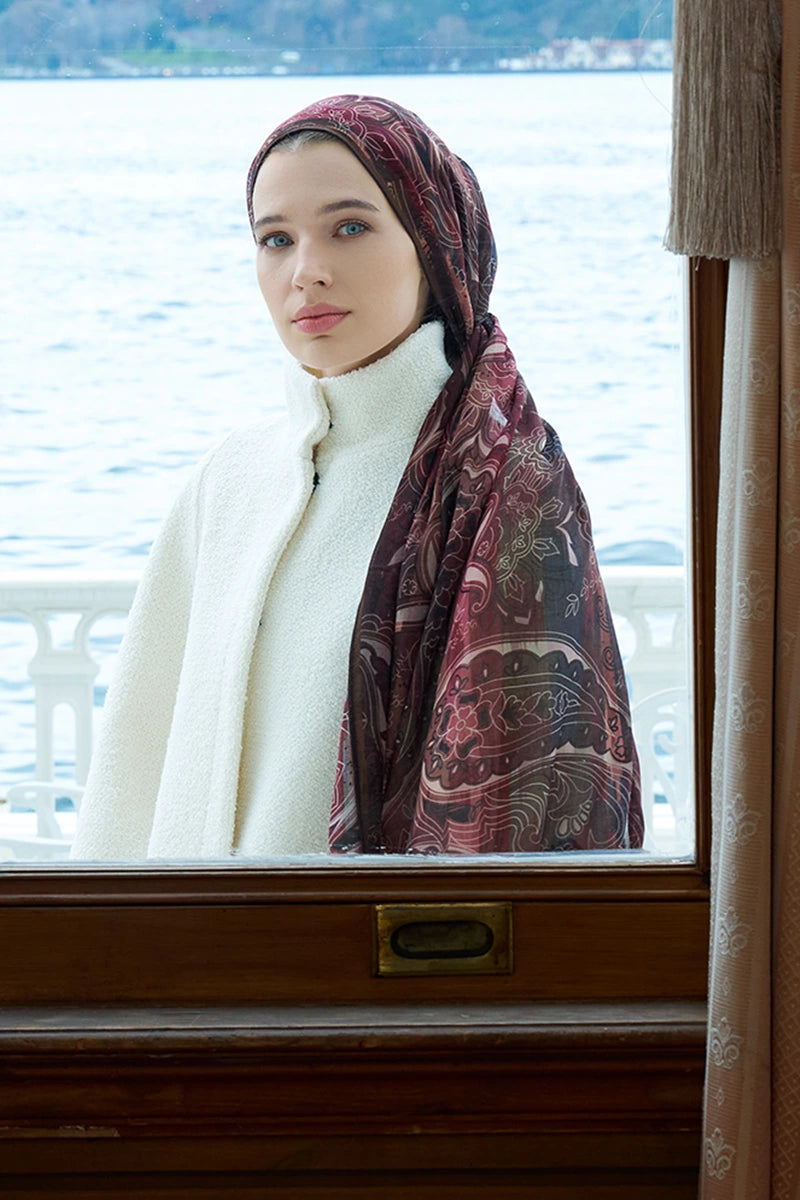 Yün İpek Saphire Şal - Bordo