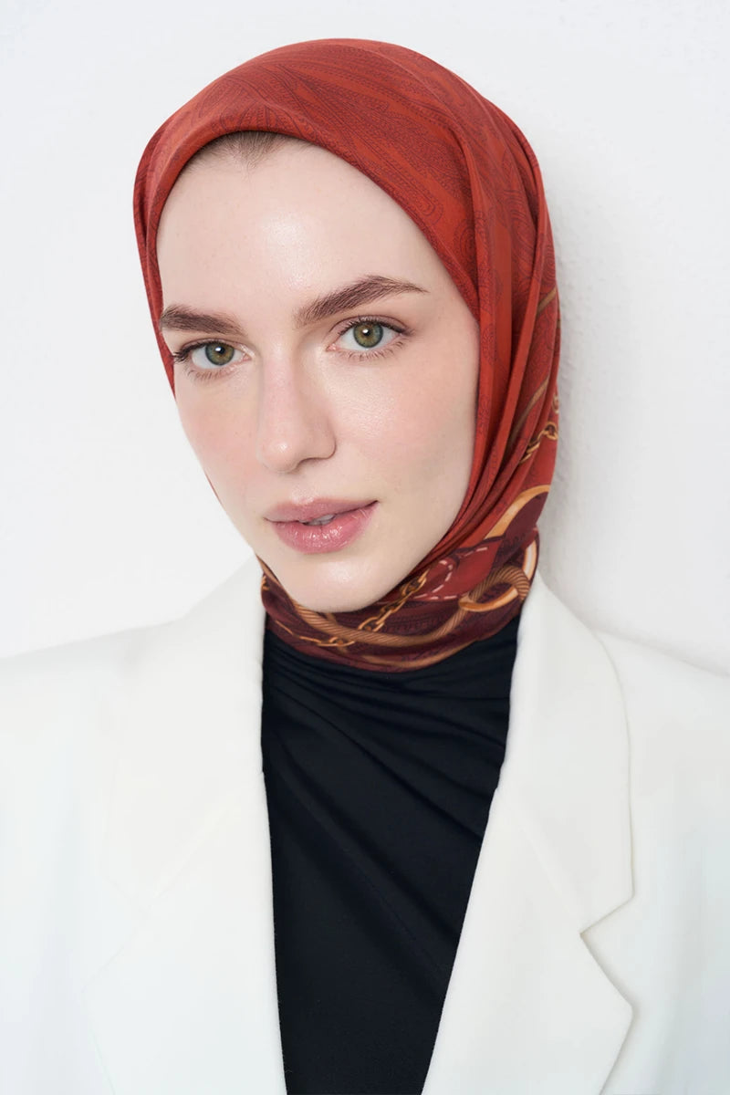 Zincir Desen Viskon Floş Eşarp - Kırmızı