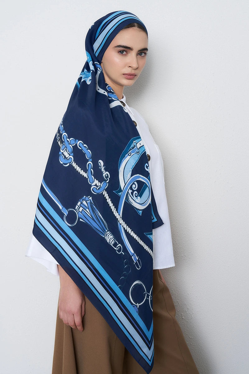 Zincir Desen Floş Viskon Şal - Lacivert