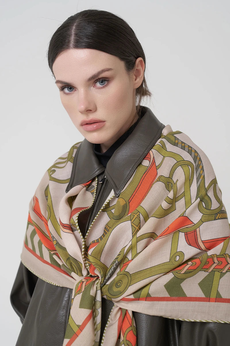 Chain Pattern Wool Silk Shoulder Shawl - Beige