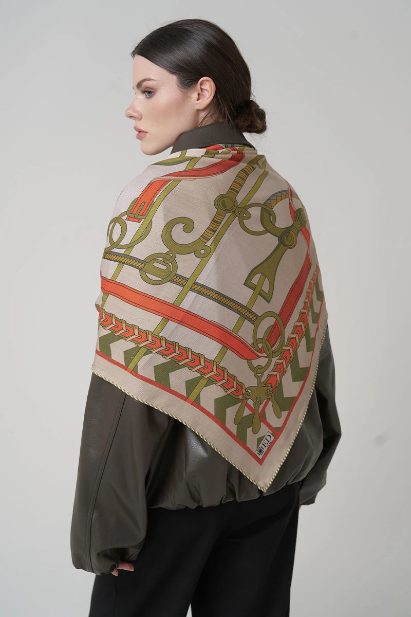 Chain Pattern Wool Silk Shoulder Shawl - Beige