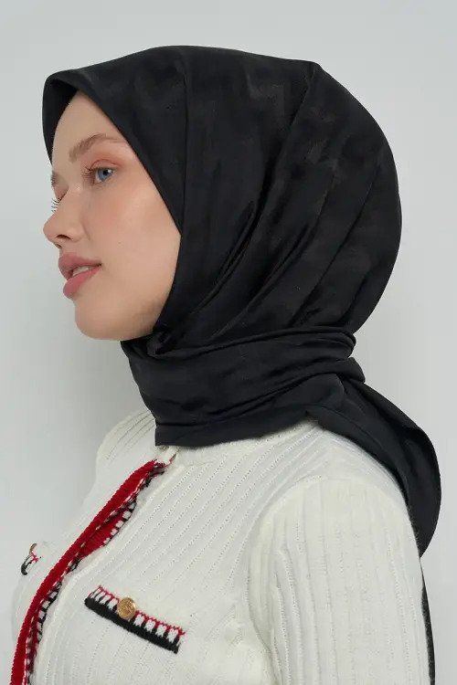 Pamuklu Eşarp Zikzak Desen - Siyah