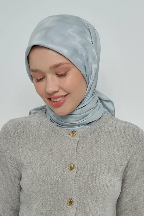 Pamuklu Eşarp Zikzak Desen - Mavi Gri