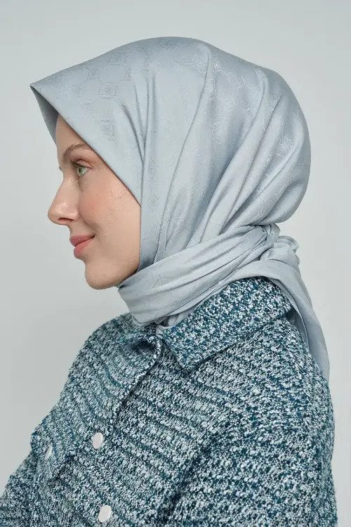 Pamuklu Eşarp Monogram Desen - Mavi Gri